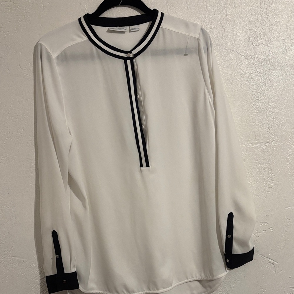 Liz Claiborne White Chiffon Blouse with Black Contrast Trim Top Shirt